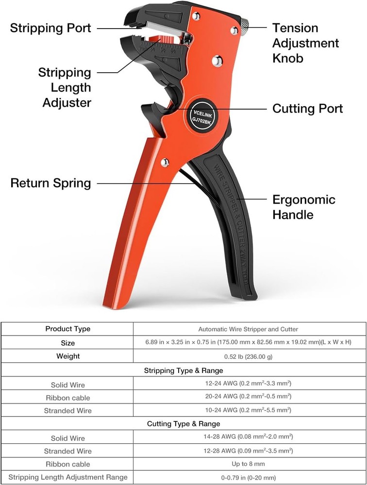 VCELINK Automatic Quickstrip Wire Stripper and Cutter, Professional Black