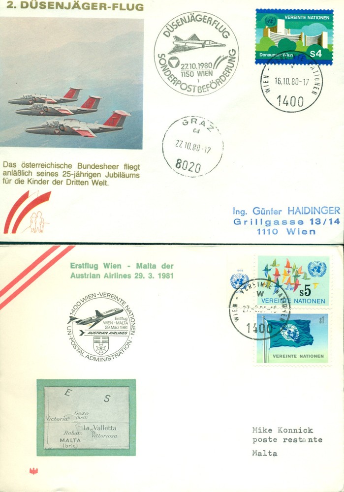 21 UN Vienna Covers - all First Flight or Flight Covers