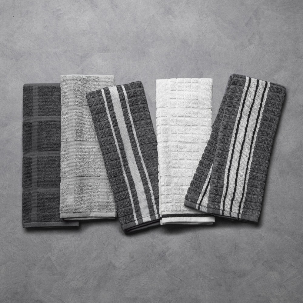 Kitchen Towels, Gray & White, 5 Pack Set