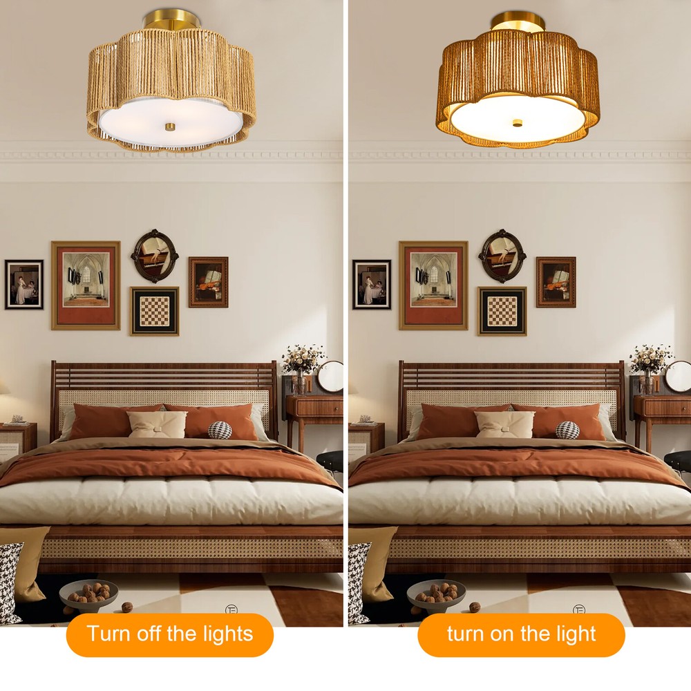 Rustic Ceiling Mount Rattan Light Ceiling Lamp Flush Mount Chandelier Fixture