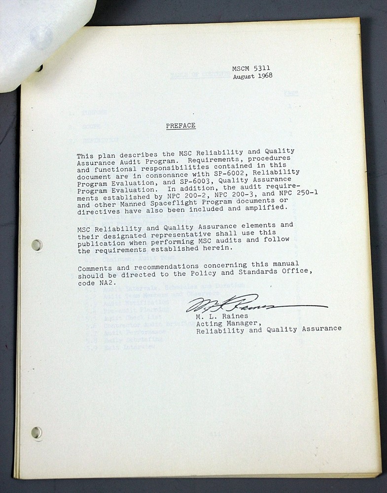 NASA MSCM 5311 Apollo Technical Manual Reliability Quality Audit 1968