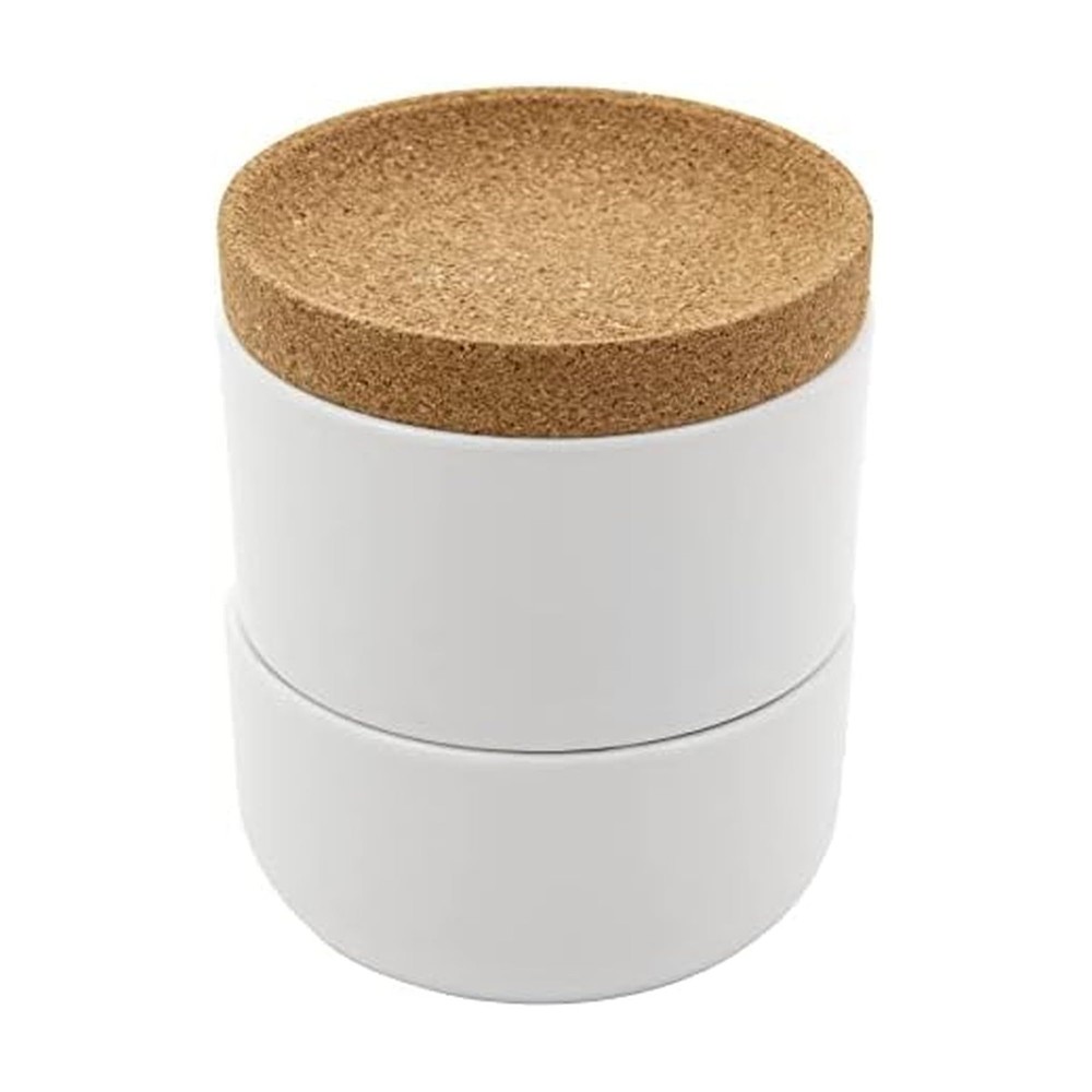 Cork and Ceramic 3 Piece Stackable Salt and Pepper Cellar For Countertop Spac...