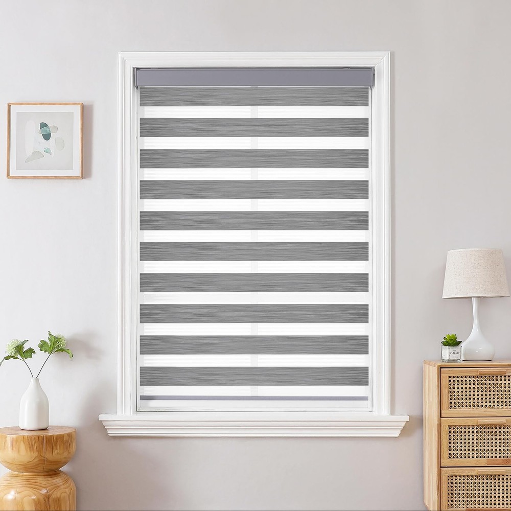 Cordless Zebra Blinds for Windows, Dual Layer Light Control Window Blinds wit...