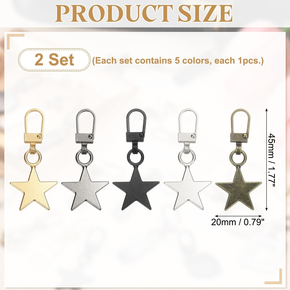 2Set Zipper Pull Replacement, Star Detachable Tiny Zipper Slider, 5 Color