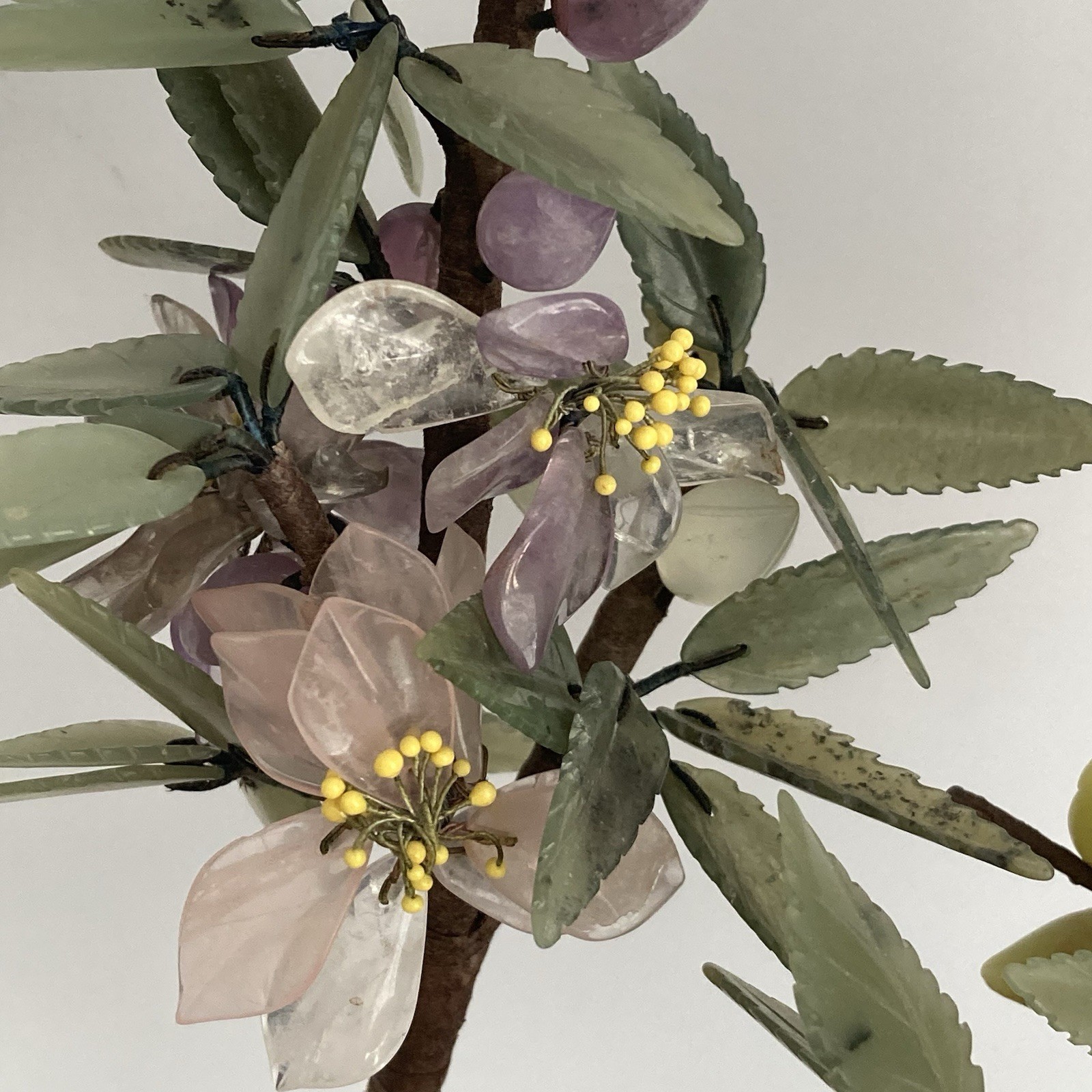 Pair Antique Chinese Jade Bonsai Tree in Cloisonne Pot w Amethyst Carnelian VTG