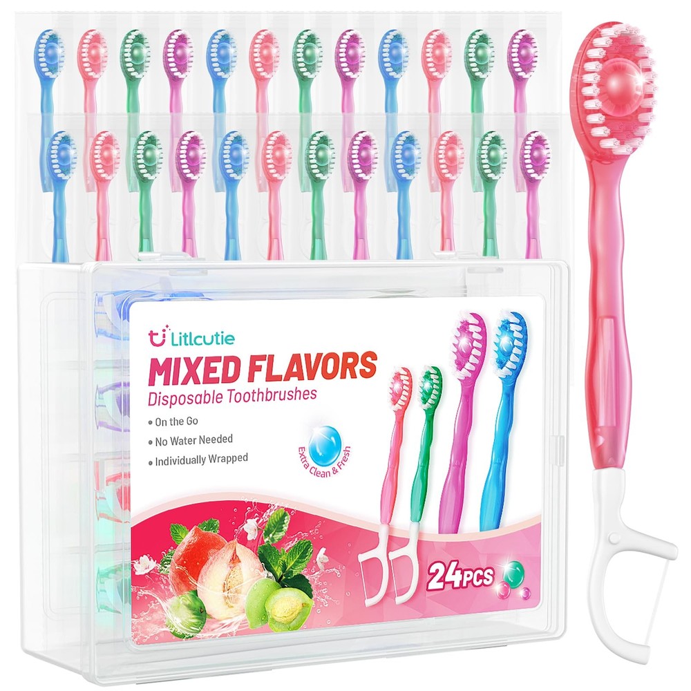 24 Pack 5-in-1 Disposable Toothbrushes with Toothpaste, Floss, and Scraper