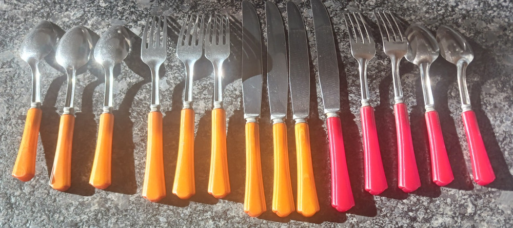 1950s flatware bakelite? lucite? Washington Forge spoon fork red butterscotch