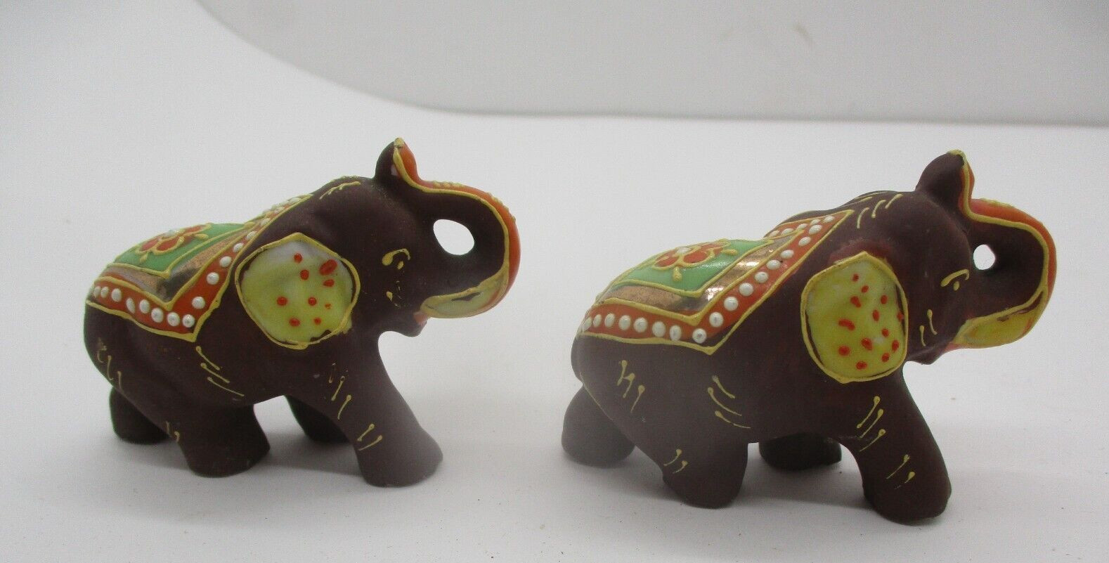 2 Small Brown Ceramic Elephants Ornately Decorated