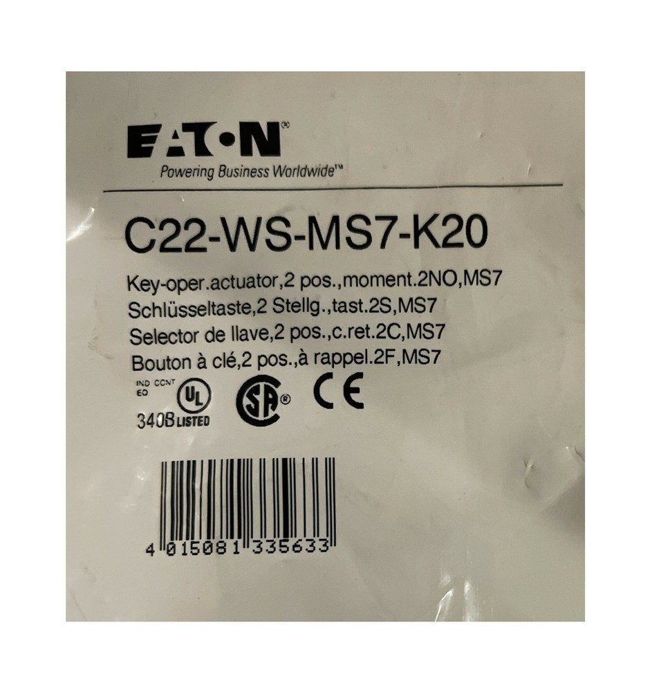 Eaton C22-WS-MS7-K20 Compact Pushbutton Selector Switch 22.5mm 2NO Key Operated