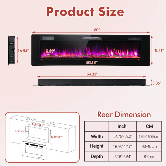 60 Inches Ultra-thin Electric Fireplace with Remote Control and Timer Function -