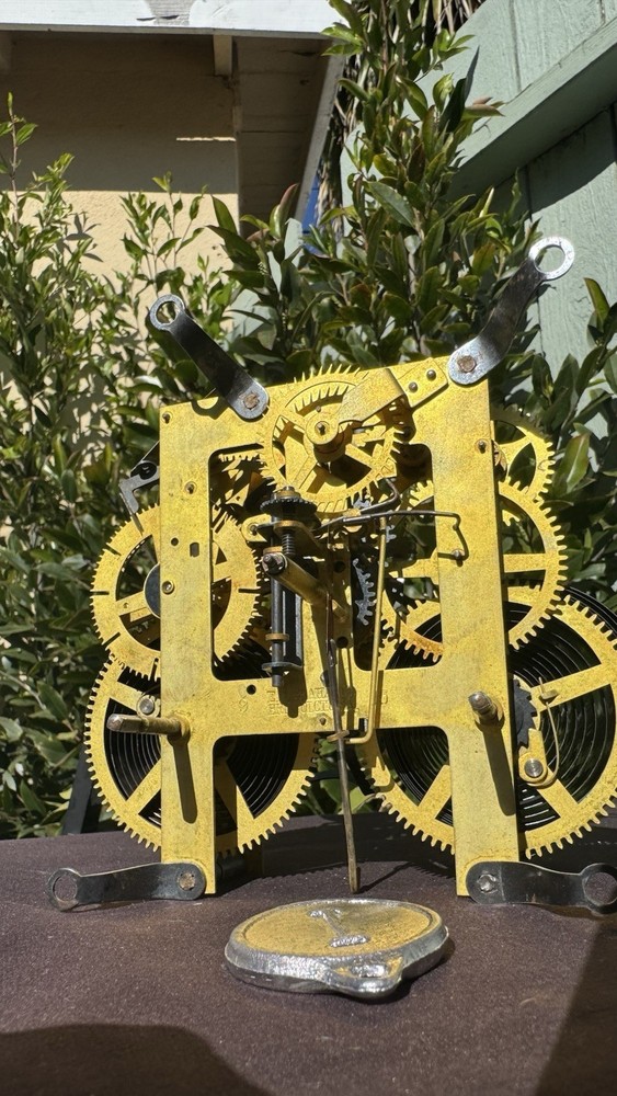 Antique E. Ingraham Co. Brass Clock Movement w/ Pendulum & Bell – Working