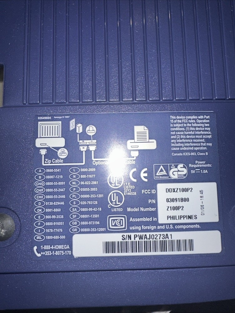 Iomega Zip 100 Zip Drive Z100P2 With Parallel Data Cable, Power Adapter ,……