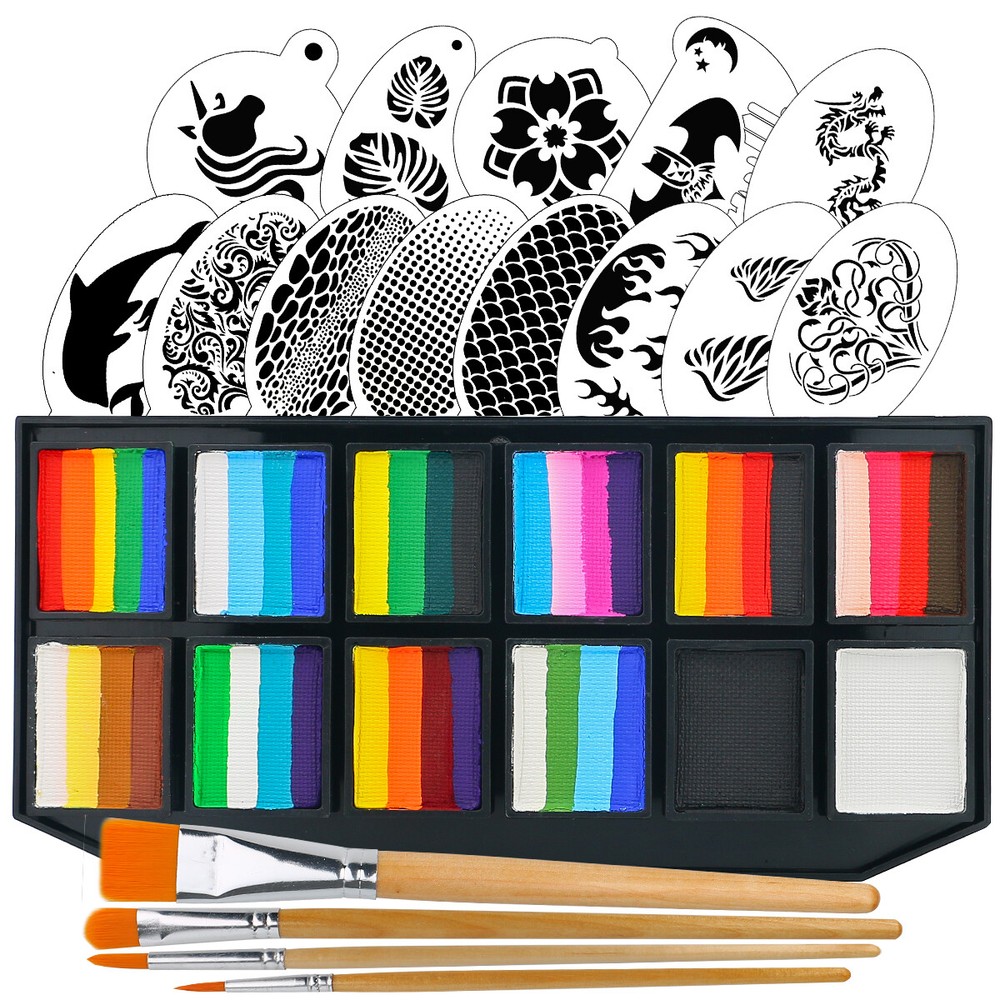 Bowitzki One Stroke Set Face Paint kit Split Cake Set with face paint Stencils