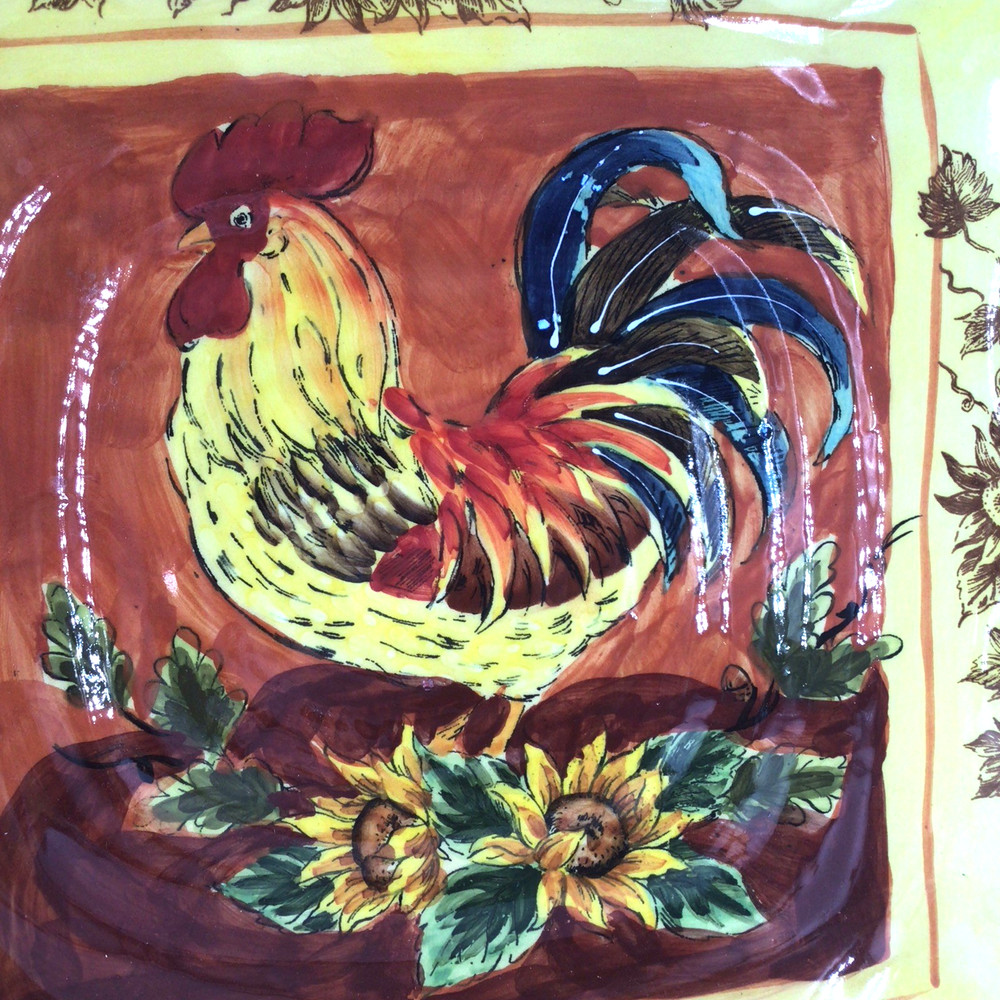 ORANGE ROOSTER & SUNFLOWERS 9" Square Plate by Maxcera