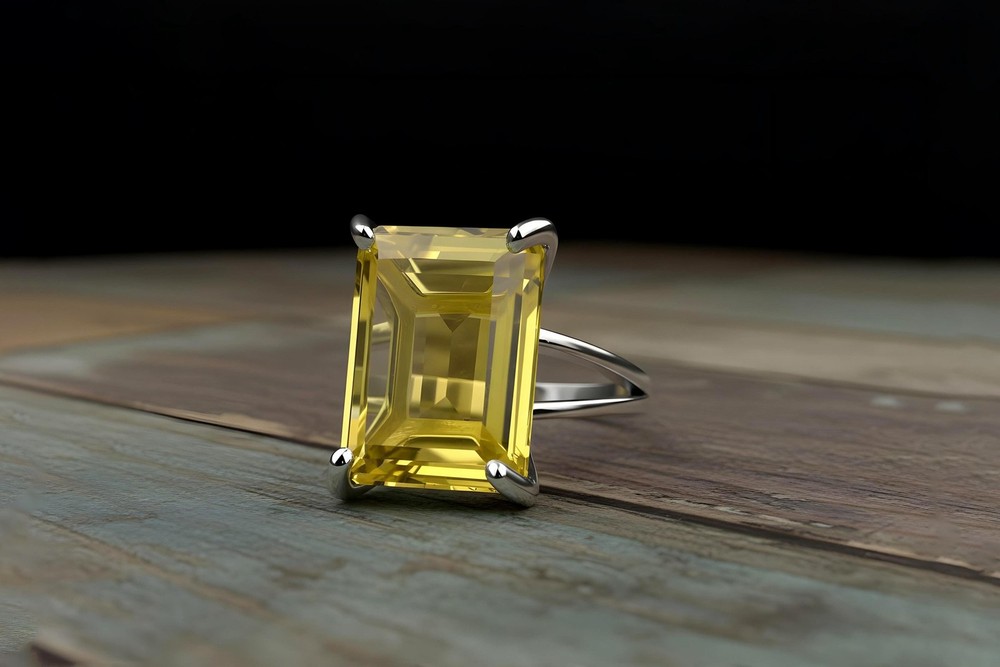 Lemon Quartz Ring Anemone 14k Gold Filled Emerald Cut Rectangle Stone