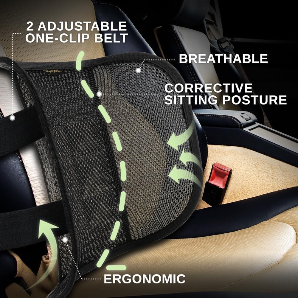 Lumbar Support with Breathable Mesh Layers and Double Sturdy Adjustable Straps,