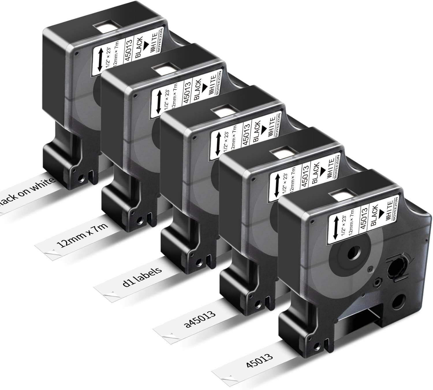 5x Dymo D1 Label Tape 45013 Black on White 1/2 Inch x 23 Feet Compatible product
