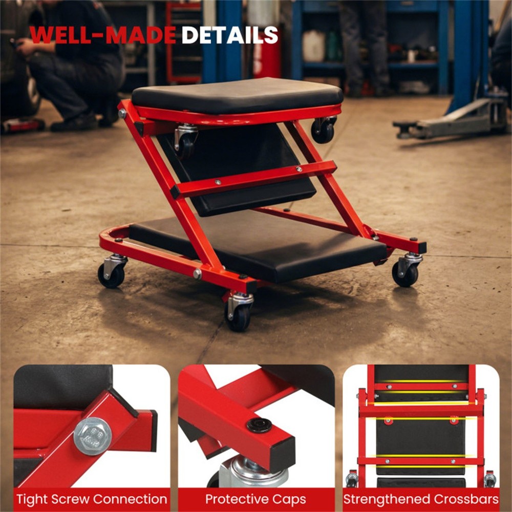Foldable Mechanic Creeper Stool w/6 Wheels & Cushion - Garage Workspace