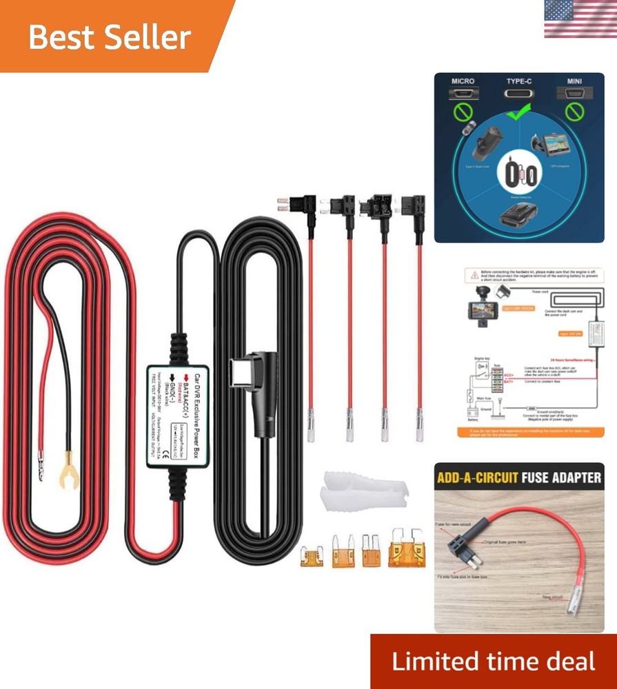 Comprehensive Hardwire Kit for Dash Cameras - Type C USB, 13ft with Fuse Adapter
