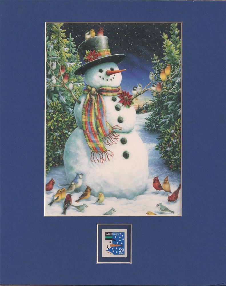 SNOWMAN & FEATHERED FRIENDS - FRAMEABLE POSTAGE STAMP ART - 0152
