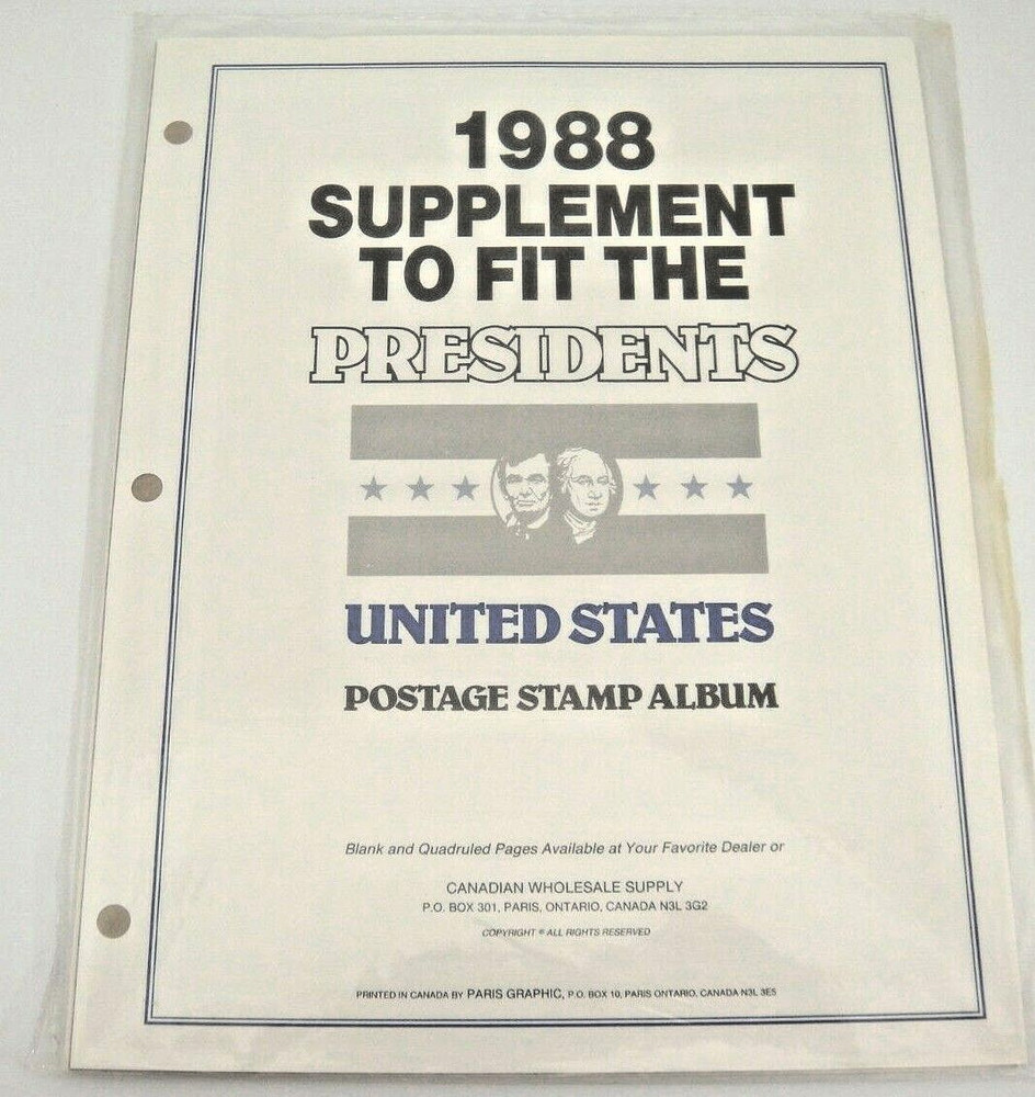 CWS Canadian Wholesale 1988 Supplement for Presidents US Stamp Album NOS