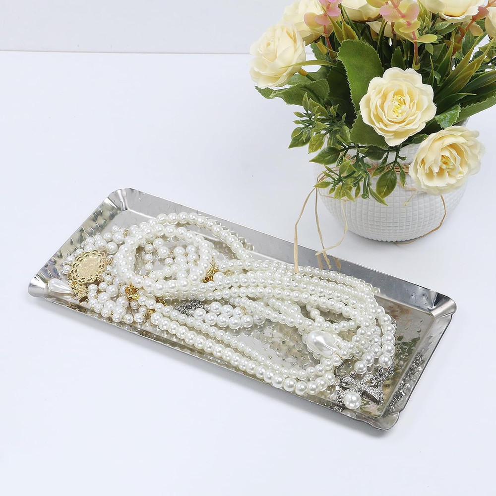 Hammered Rectangular Tray,Stainless Steel Decorative Tray,Silver Serving Trays,S