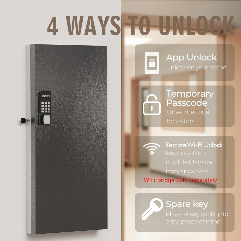 192 Key Lock Box Wall Mount Smart Key Cabinet One Time Password/Fixed Code/Blu..