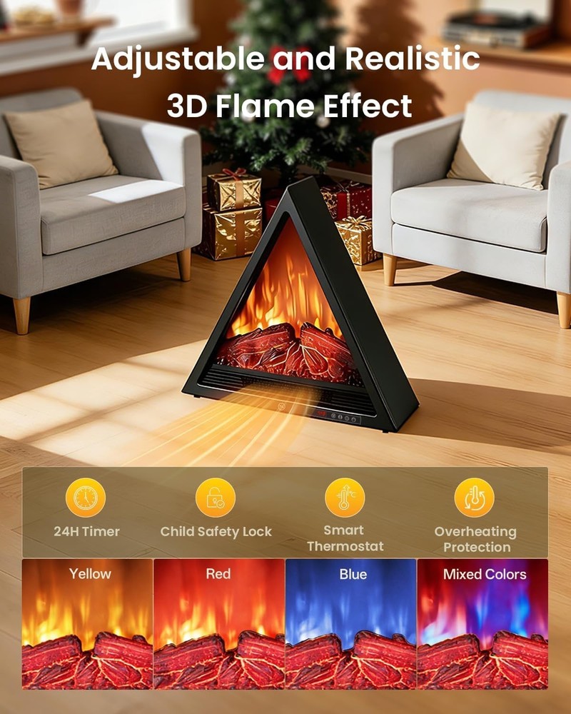 22" Triangular Electric Fireplace Heater 1500W LED Flame Timer Remote - NIB