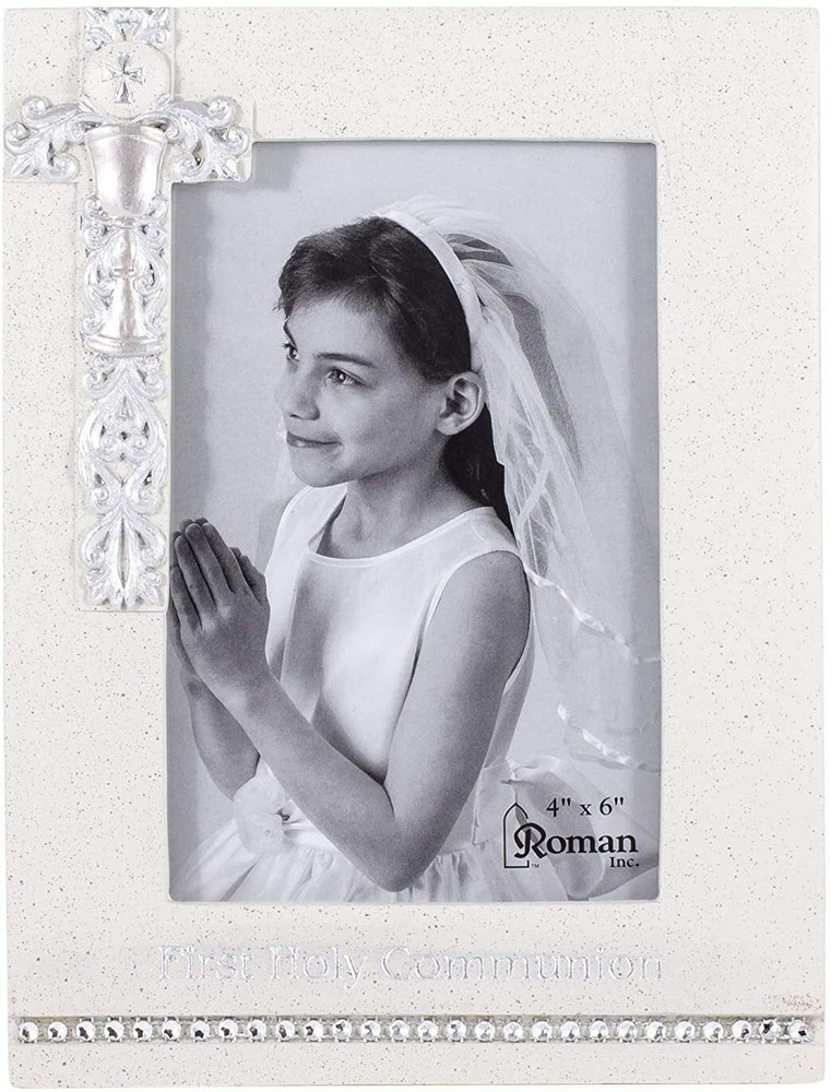 8" First Holy Communion White Frame with Silver Scroll Chalice Design 4x6