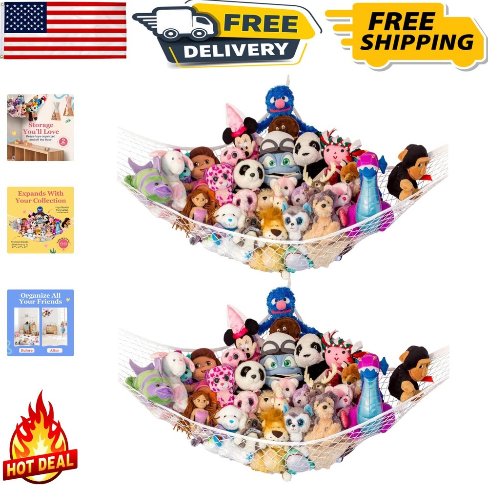 Space-Saving Corner Stuffed Animal Hammock 2 Pack | Decorative Storage Net
