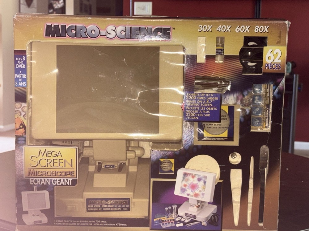 Vintage MICRO-SCIENCE MEGA SCREEN MICROSCOPE 62 PCS 1998-Used/Powers On