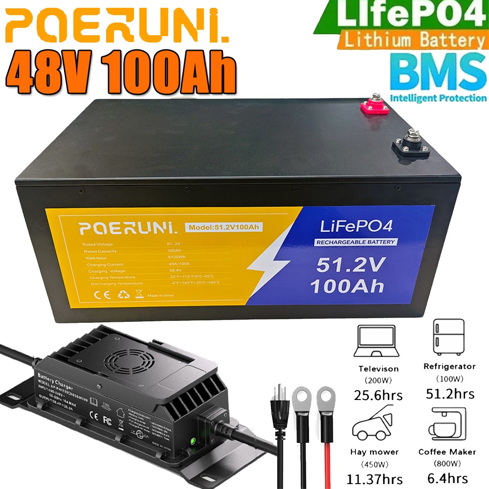 NEW 48V 100Ah LiFePO4 Lithium Battery 5120Wh Built-in BMS whit 58.4V 20A Charger