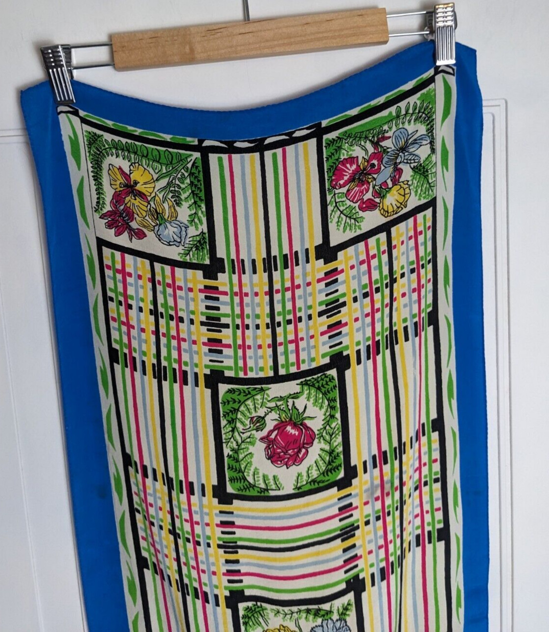 Vintage floral bird stripped scarf long rectangle approx 15 x 40" satin