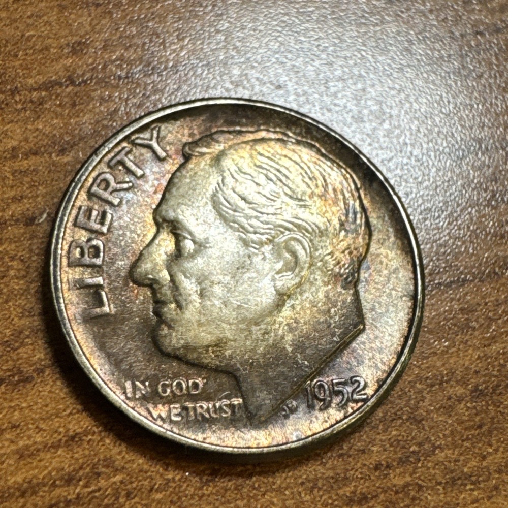 1952 Roosevelt Silver Dime Gem Uncirculated Rainbow Toning