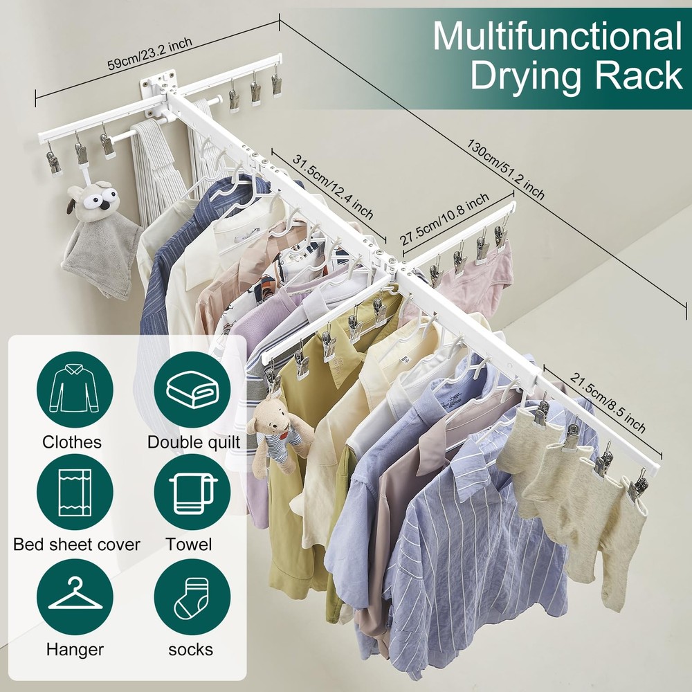 Clothes Drying Rack Retractable Wall Mounted, Tri-Fold Foldable Collapsible L...