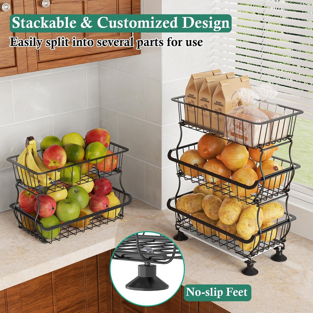 3-Tier Rolling Pantry Floor Organizer and Storage Cart with Wheels, Stackable...