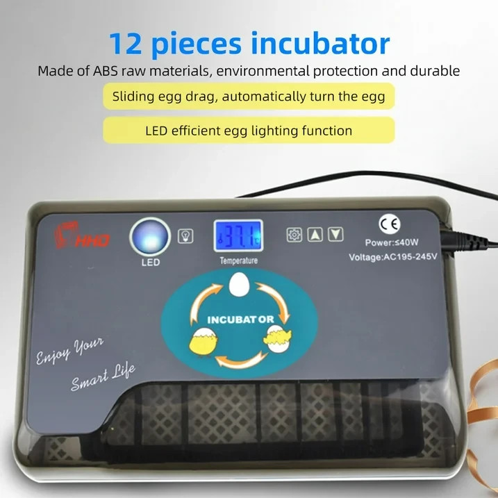 12 Eggs Incubator Automatic Egg Turning Humidity Control Temperature Display