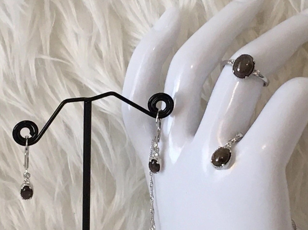 NWT Set Sunstone W Sterling Silver Dangling Earrings Adjustable Necklace & Ring