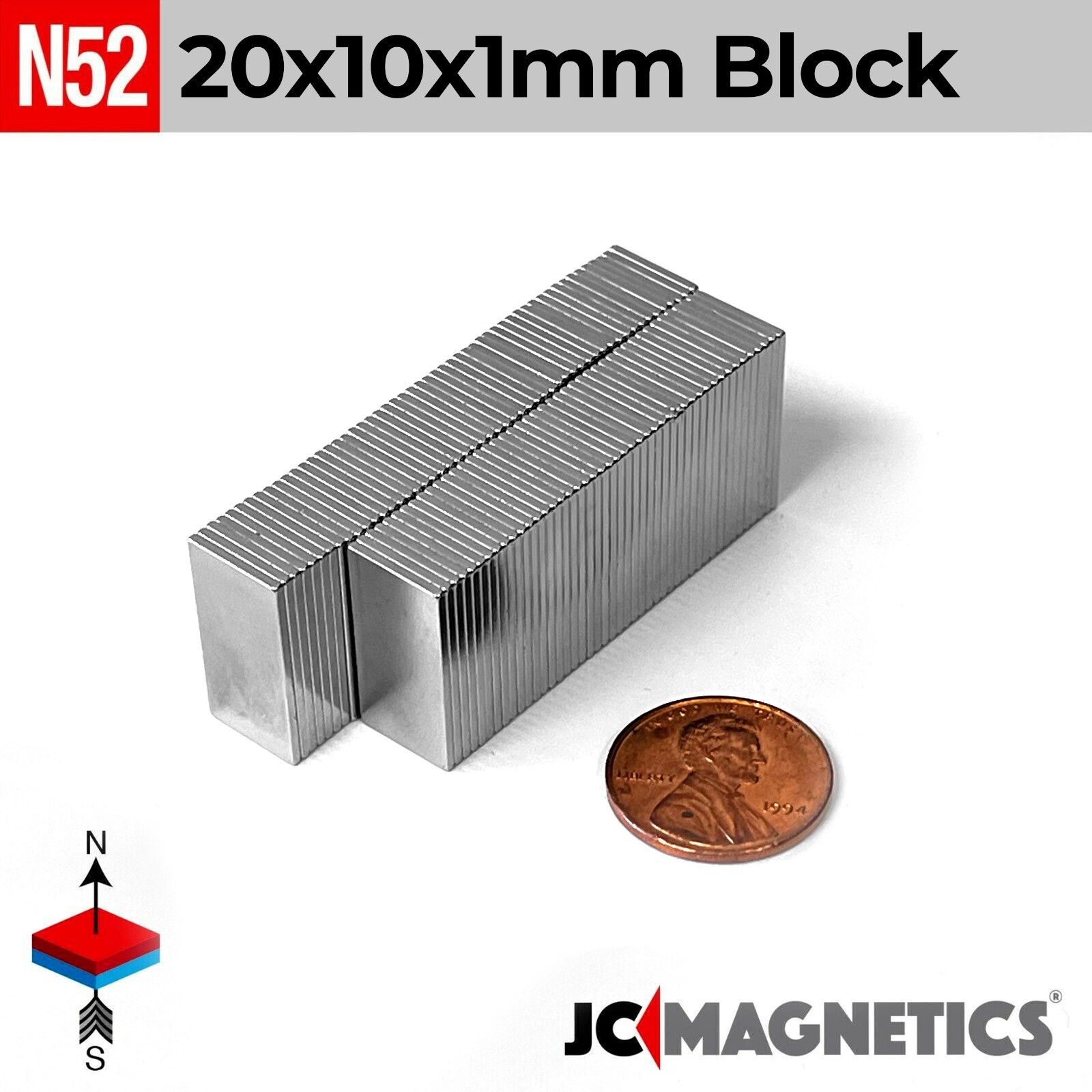 20mm x 10mm x 1mm N52 Thin Strong Rare Earth Neodymium Magnet Block 20x10x1mm