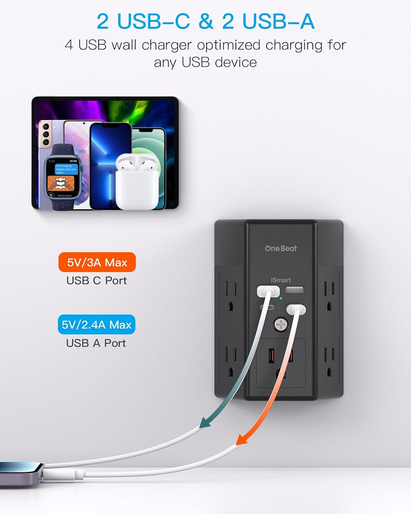 2 Pack Multi Plug Outlet, Surge Protector, 5 Outlet Extender with 4 USB Charging