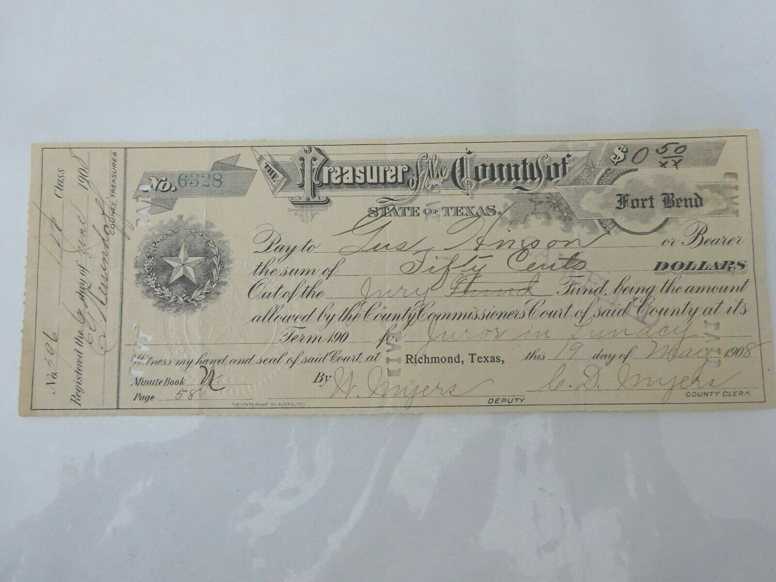 1908 County of Fort Bend, Texas Check  Lone Star Seal