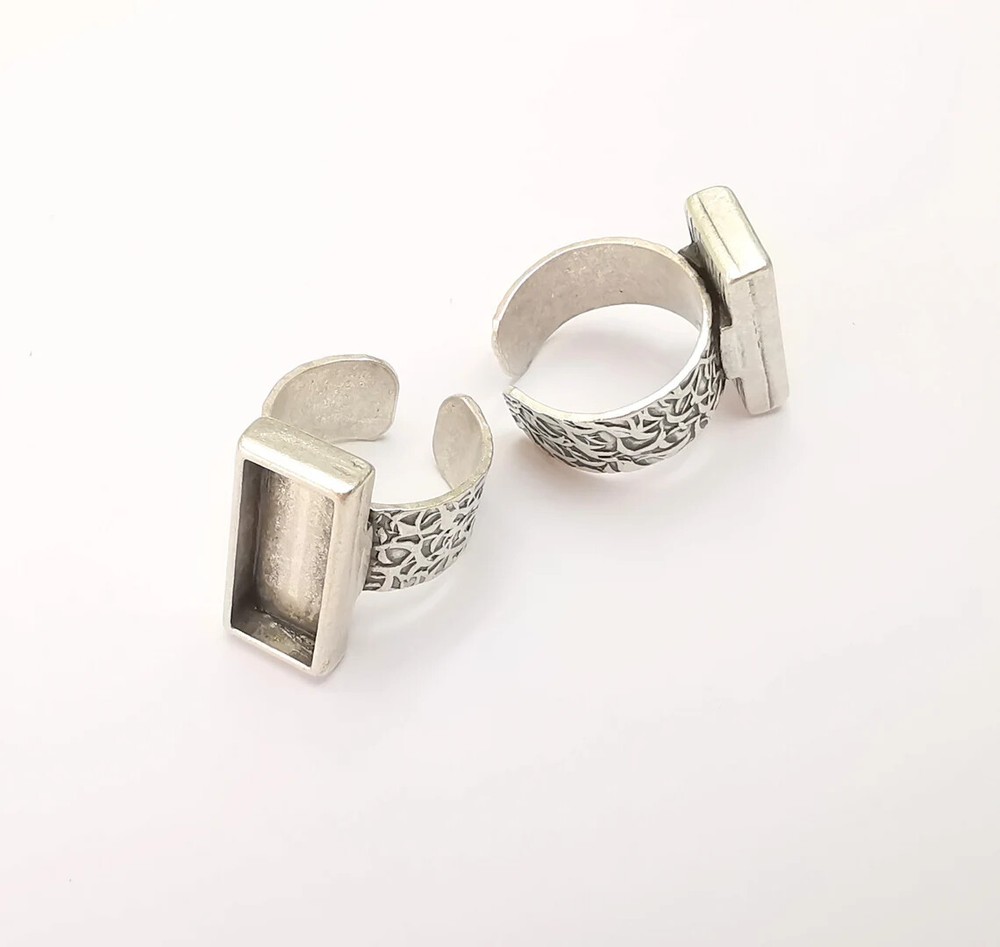 Rectangle Antique Silver Ring Blank Settings, Cabochon Mounting Adjustable Resin