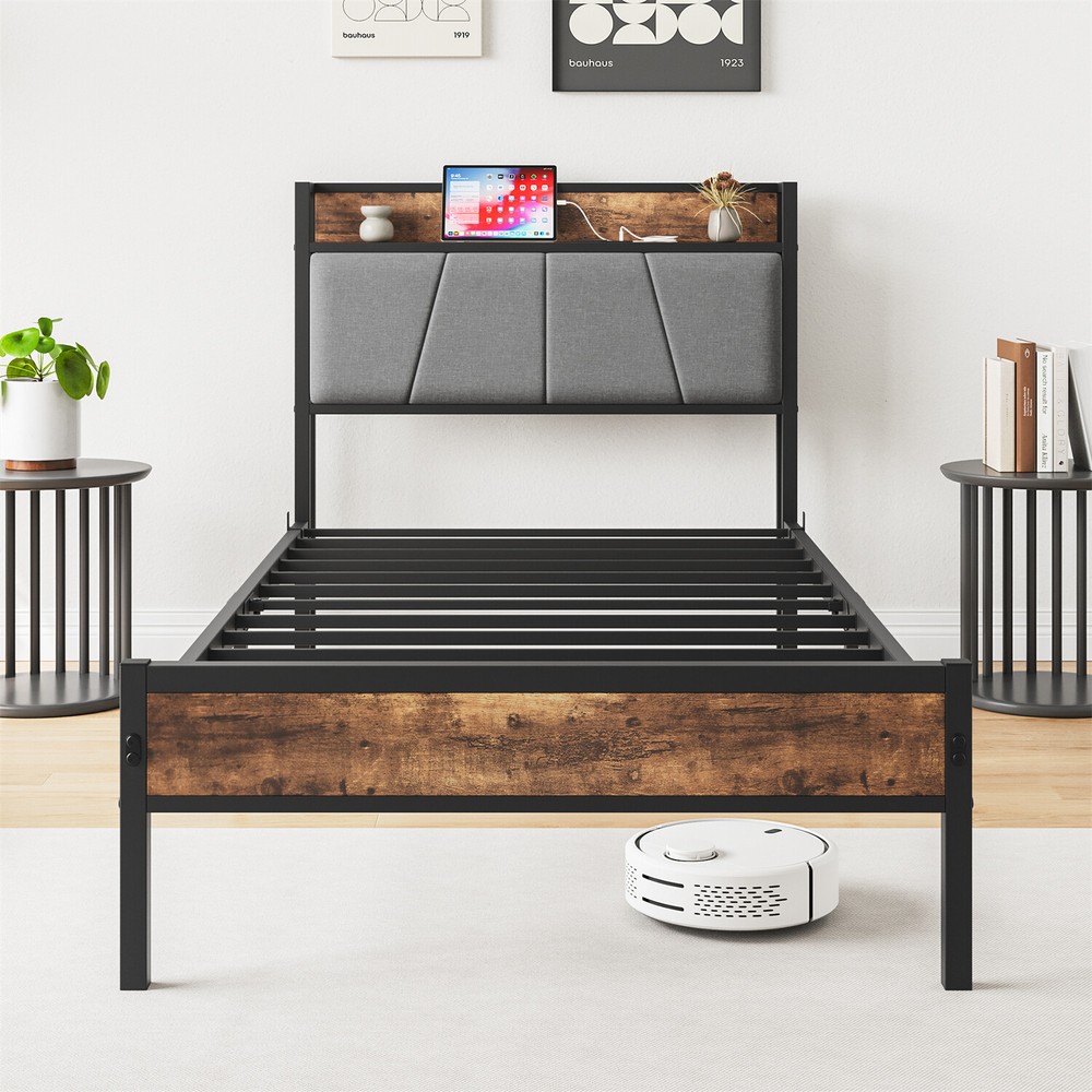 Twin/Full/Queen Size Bed Frame Metal Platform Bed Frame w/ Storage Headboard