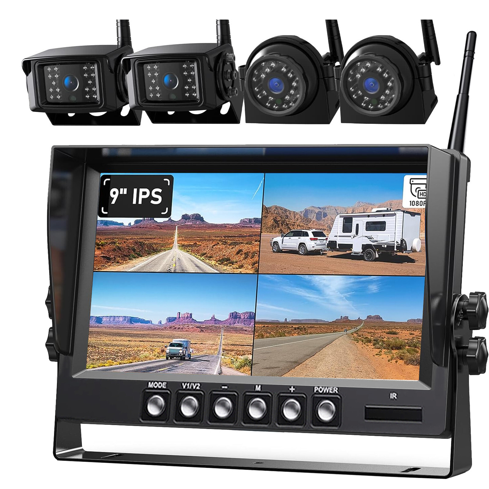 1080P Wireless RV Backup Camera 9" DVR Quad Monitor Reversing for Trailer Truck