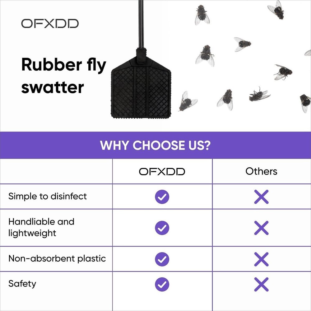 Black Rubber Fly Swatters - Long Handle 3 Pack