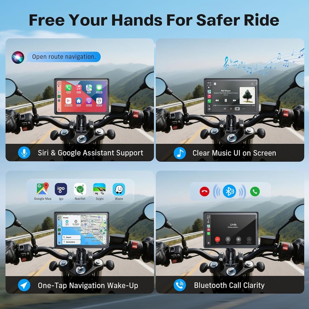 5" Dual Bluetooth Wireless Motorcycle GPS Navigation Device CarPlay/Android Auto