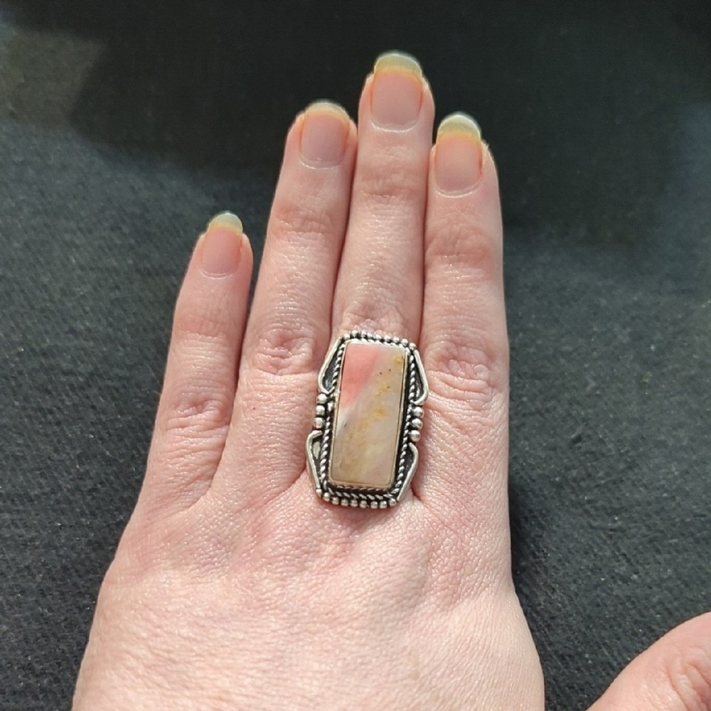 Silver Plated Pink Peach Cobra Jasper Gemstone Rectangular Statement Ring - 9.5