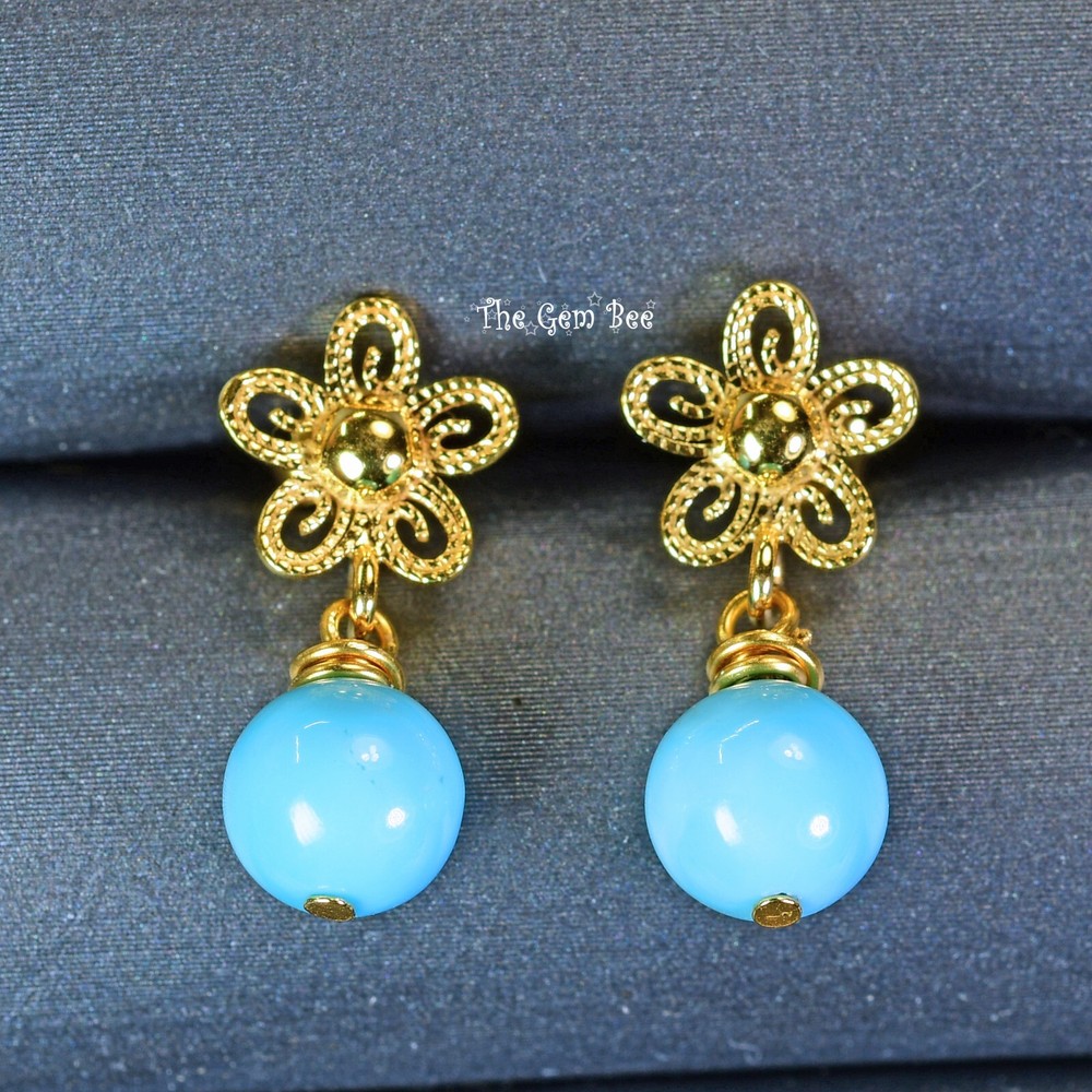 18k Solid Yellow Gold Filigree Fancy Flower Ear Posts With Backs PAIR