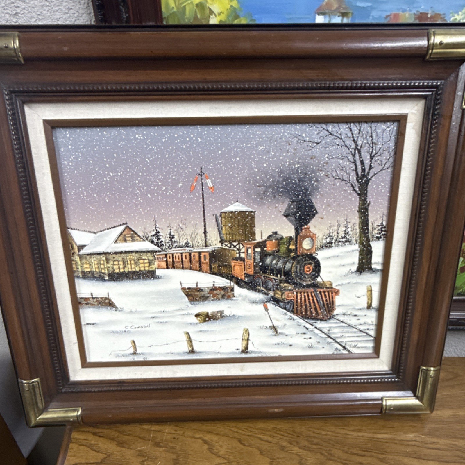 Framed Steam Train Railroad Painting Winter Landscape Scene Wall Art Decor