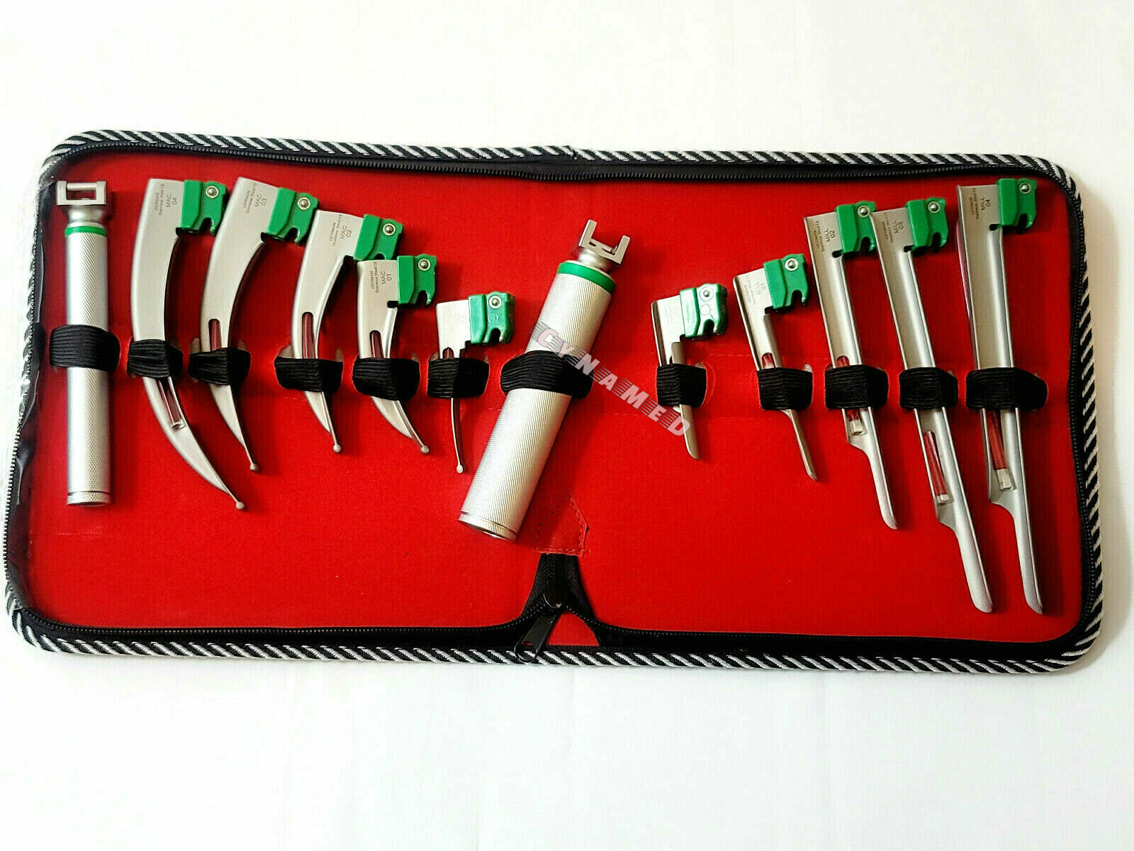 SET OF 10 FIBER OPTIC MAC & MILLER LARYNGOSCOPE BLADE+2 HANDLE INTUBATON kit